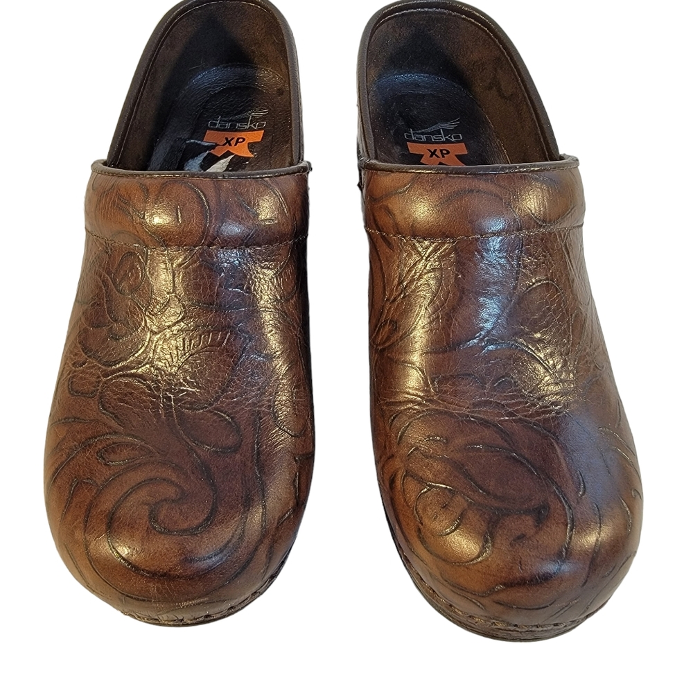 Dansko XP Floral Paisley Tooled Brown Leather Clog Closed Toe Open Heel Shoe 37 - Picture 5 of 16